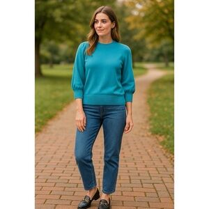 BODEN Women’s Blue Sweater Size 12 Crew Neck Puff Sleeve Cotton Wool Cashmere